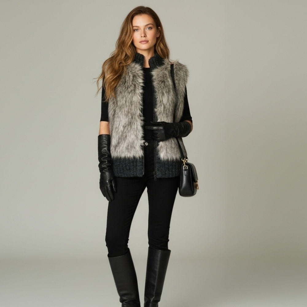 Ann Taylor LOFT Faux Fur Vest WOOL ALPACA Blend Zip Up ‎ XS / S $98 Gray